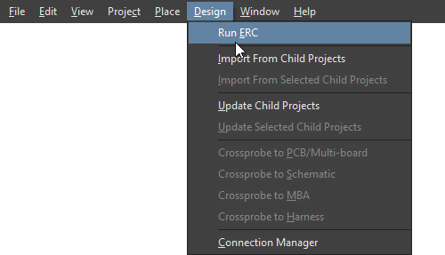 Validate your multi-board design using the Run ERC command. Validate your multi-board design using the Run ERC command.
