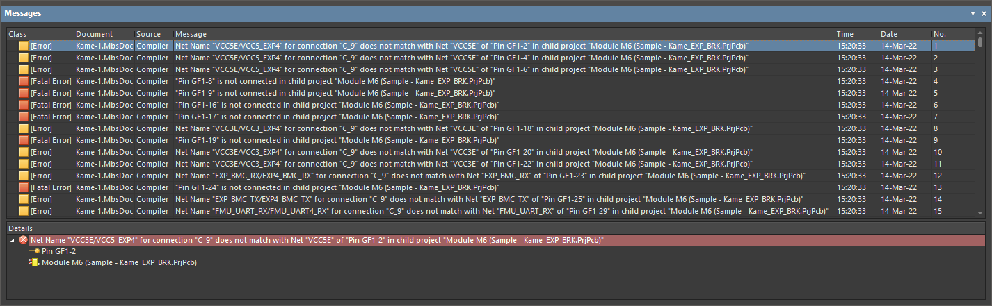 The Messages panel displays the warnings and errors detected in the multi-board design project. The Messages panel displays the warnings and errors detected in the multi-board design project.