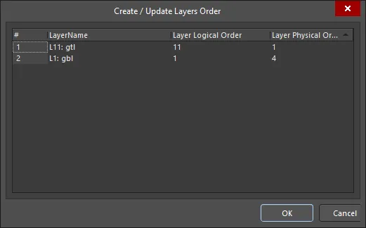 The Create/Update Layers Order dialog
