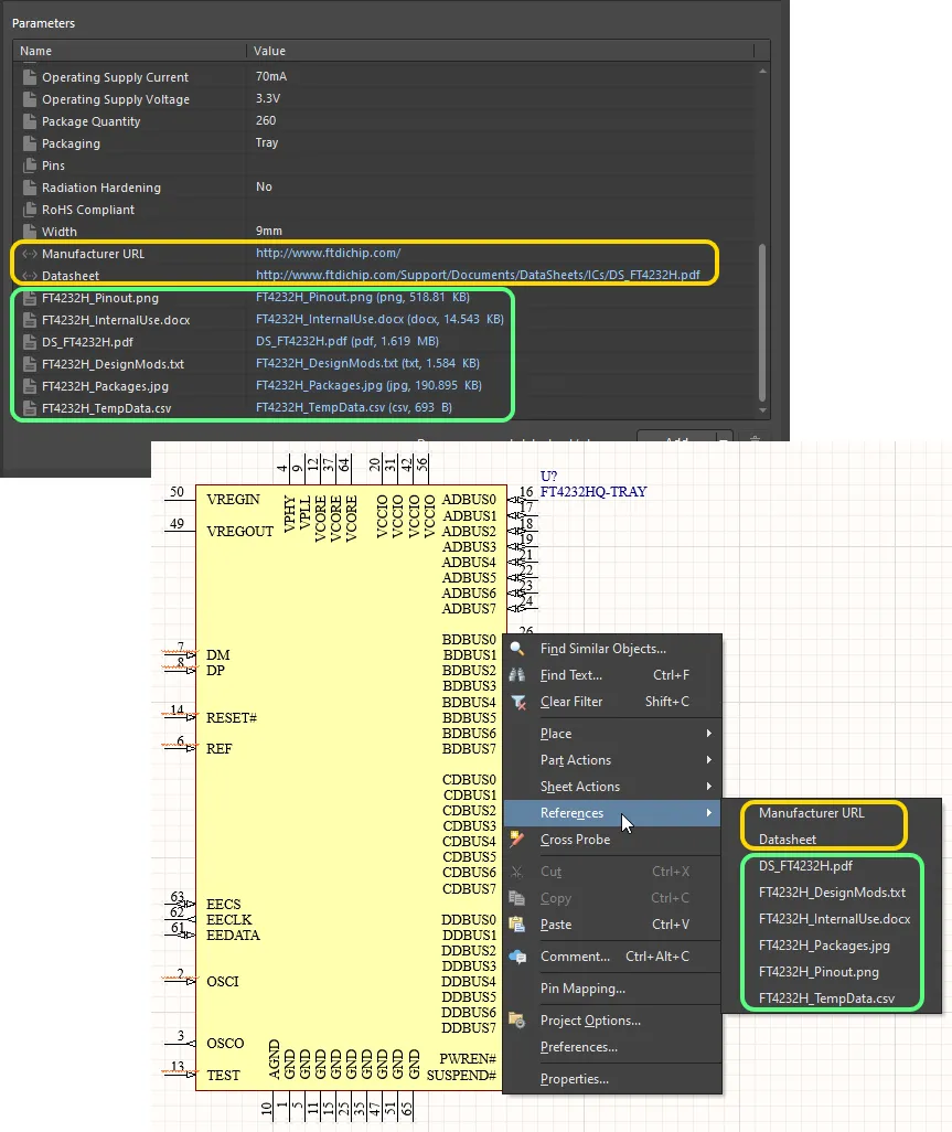 Accessing datasheets for a placed component on a schematic sheet. Accessing datasheets for a placed component on a schematic sheet.