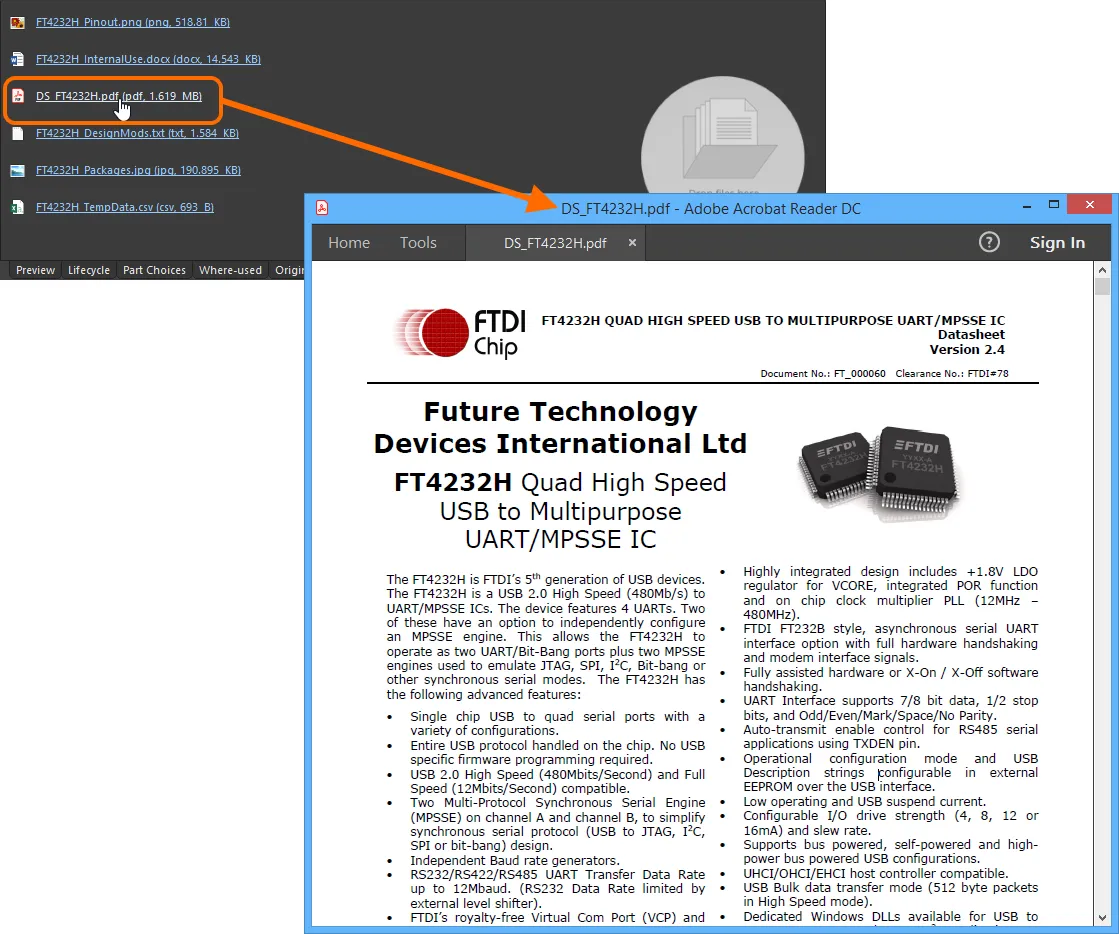 Use the hyperlinked name of the datasheet to quickly access it. In this example, a PDF datasheet is opened in the applicable, external PDF Viewer application. Use the hyperlinked name of the datasheet to quickly access it. In this example, a PDF datasheet is opened in the applicable, external PDF Viewer application.