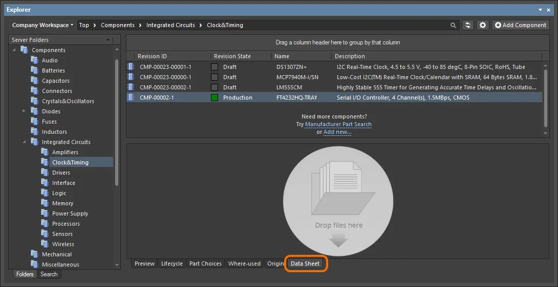 Through the Explorer panel, datasheet management for an existing component is performed from within that component's Data Sheet aspect view tab. Through the Explorer panel, datasheet management for an existing component is performed from within that component's Data Sheet aspect view tab.