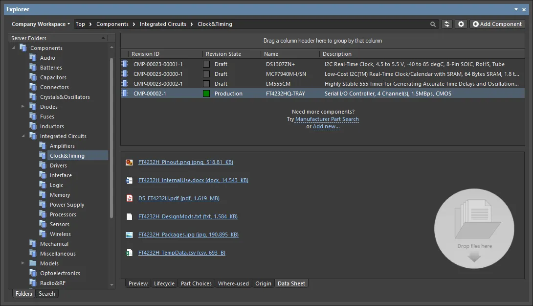 Example datasheets attached to a component, of varying file types. Example datasheets attached to a component, of varying file types.