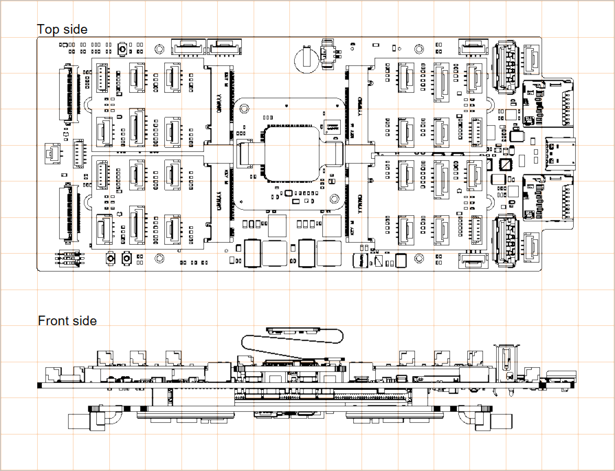 Two placed multi-board views showing the multi-board assembly from the top and front sides Two placed multi-board views showing the multi-board assembly from the top and front sides