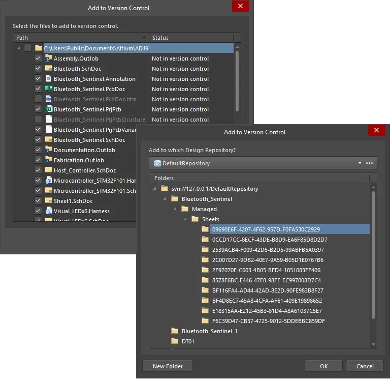 Select a Design Repository from the Add to Version Control dialog to populate the dialog with proposed version control files. Select a Design Repository from the Add to Version Control dialog to populate the dialog with proposed version control files.