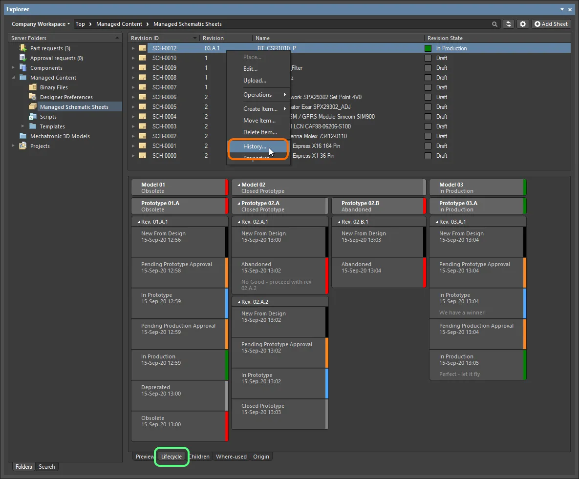 Access the Item view from the Explorer panel. Note that revision and lifecycle management can also be performed from the panel's Lifecycle aspect view tab for the Item. Access the Item view from the Explorer panel. Note that revision and lifecycle management can also be performed from the panel's Lifecycle aspect view tab for the Item.