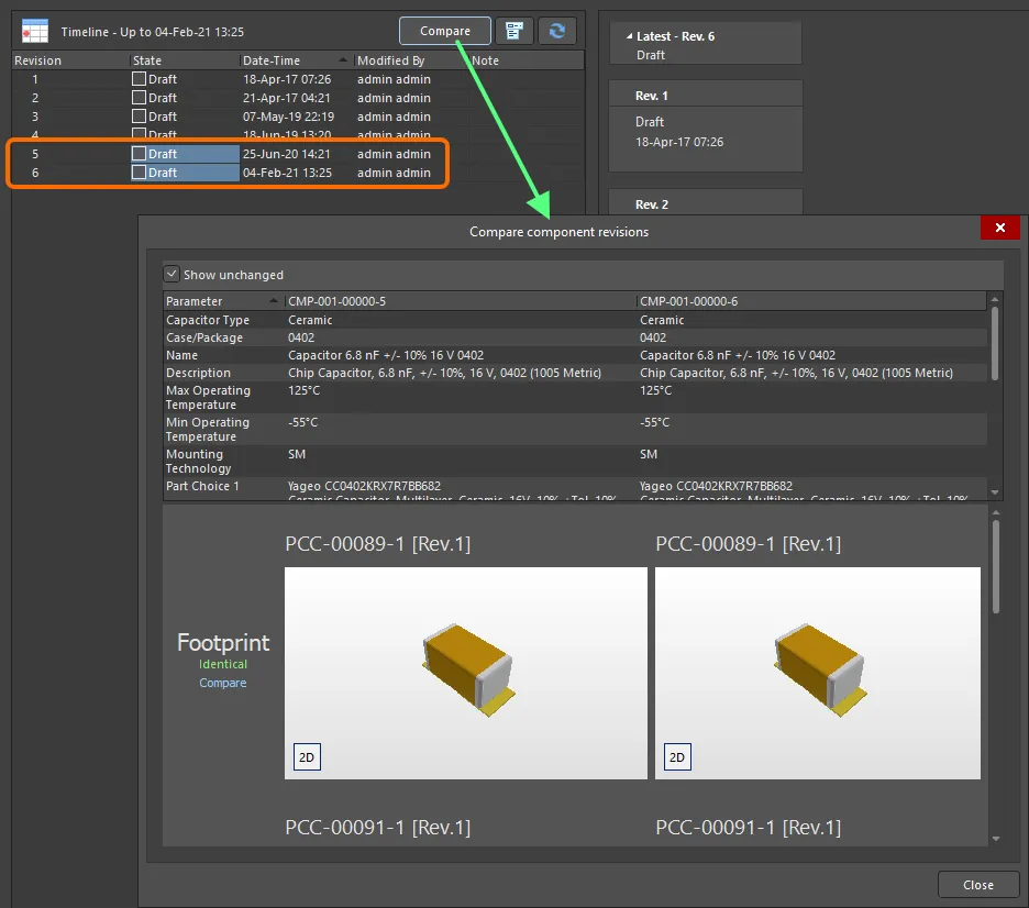 Compare two component revisions by selecting them in the Timeline list and clicking Compare. Compare two component revisions by selecting them in the Timeline list and clicking Compare.