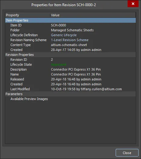 The Properties for Item Revision dialog The Properties for Item Revision dialog