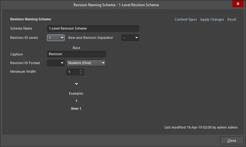 The Revision Naming Scheme dialog The Revision Naming Scheme dialog