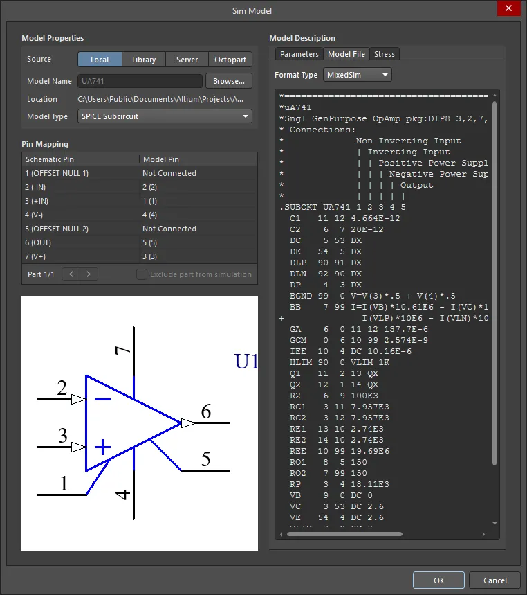 Select a simulation model and map its pin definitions to the schematic symbol pins in the Sim Model dialog. Select a simulation model and map its pin definitions to the schematic symbol pins in the Sim Model dialog.