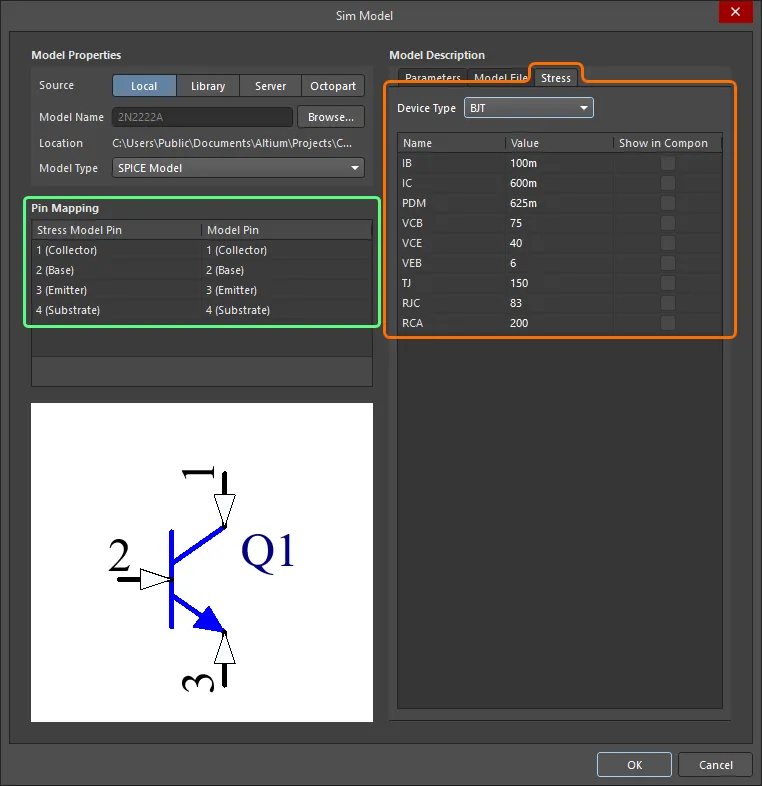The stress analysis model for a component can be configured on the Stress tab of the Sim Model dialog. The stress analysis model for a component can be configured on the Stress tab of the Sim Model dialog.