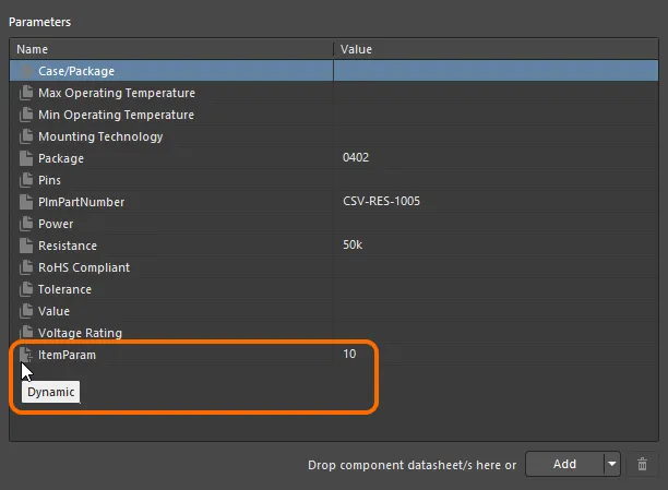 Example dynamic parameter that has been added to a Component Item, and available to its revisions. Example dynamic parameter that has been added to a Component Item, and available to its revisions.