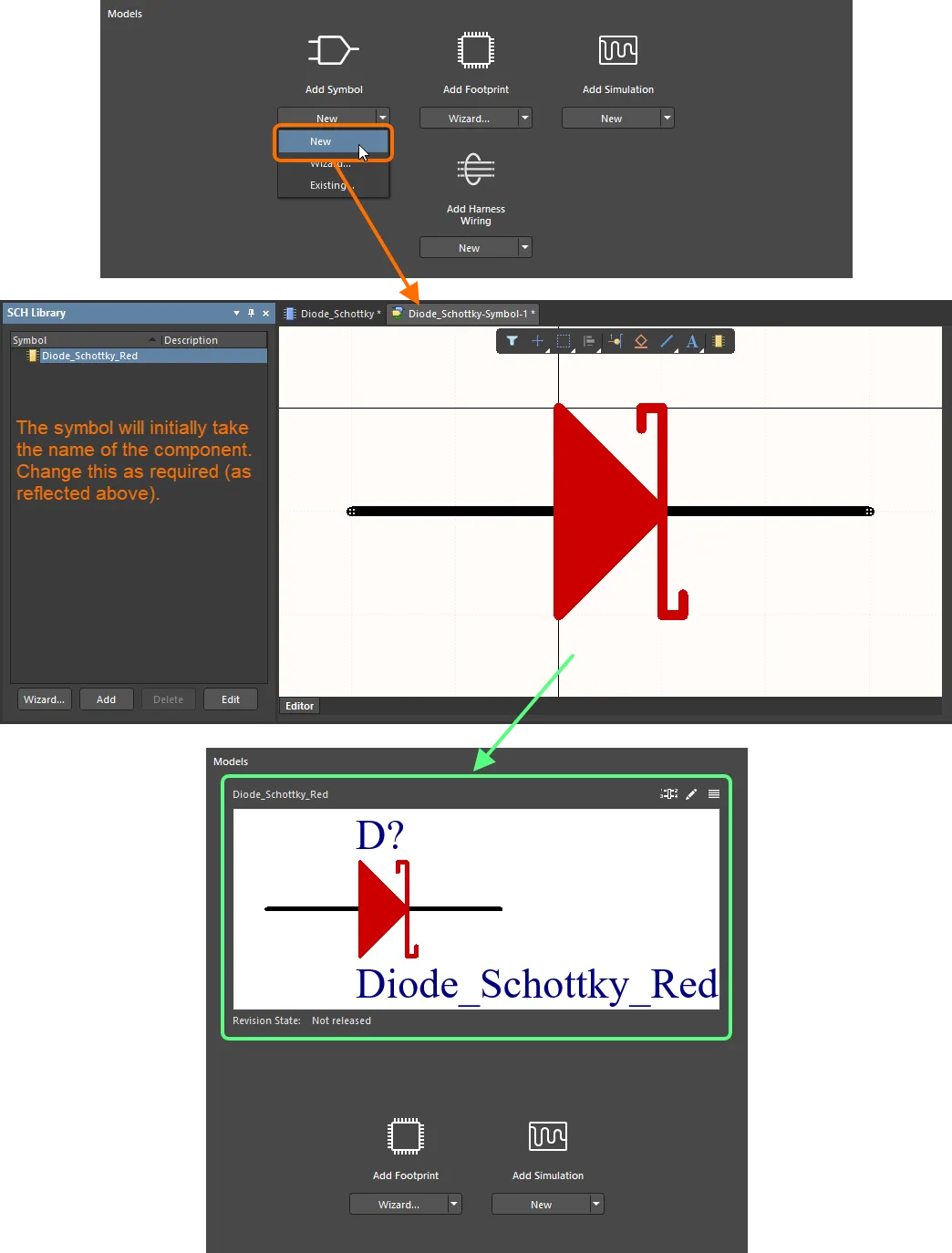 Example manual creation of a new model for a component, in this case, a schematic symbol. The symbol was initially named Diode_Schottky – after the parent component – but subsequently renamed to Diode_Schottky_Red. Note that the model is not saved to the Workspace until the parent component is saved. Example manual creation of a new model for a component, in this case, a schematic symbol. The symbol was initially named Diode_Schottky – after the parent component – but subsequently renamed to Diode_Schottky_Red. Note that the model is not saved to the Workspace until the parent component is saved.