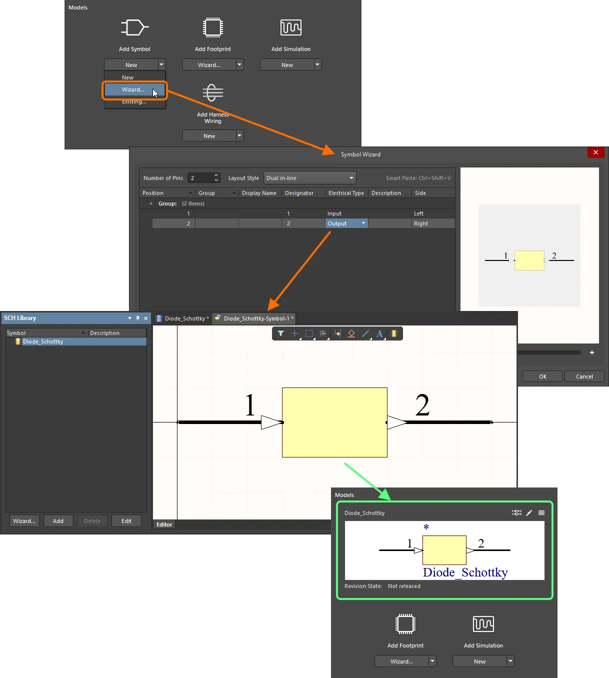 Example using the Symbol Wizard to create the required symbol for the component being created/edited. Hover over the image to see an example of using the IPC Compliant Footprint Wizard to create a footprint model for the component. Example using the Symbol Wizard to create the required symbol for the component being created/edited. Hover over the image to see an example of using the IPC Compliant Footprint Wizard to create a footprint model for the component.