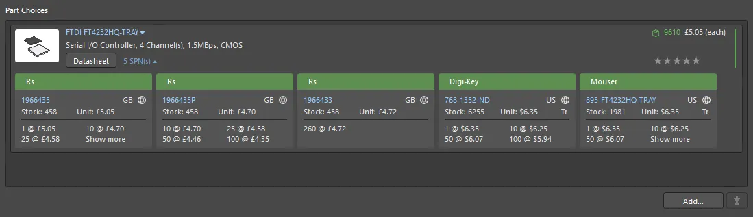 Example Part Choices list for a component being defined, containing a single manufacturer part. Example Part Choices list for a component being defined, containing a single manufacturer part.