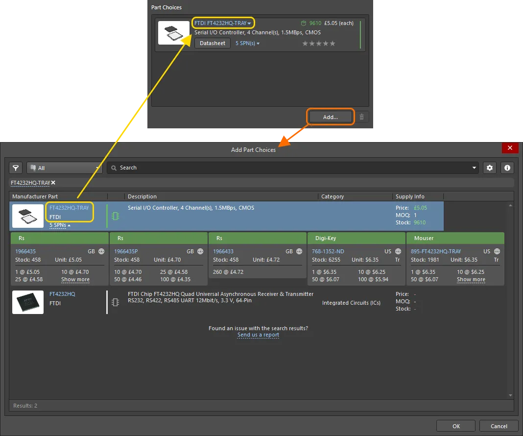 Making a manual part choice – use the Add Part Choices dialog to search for the required manufacturer part, select its entry and click OK. Making a manual part choice – use the Add Part Choices dialog to search for the required manufacturer part, select its entry and click OK.