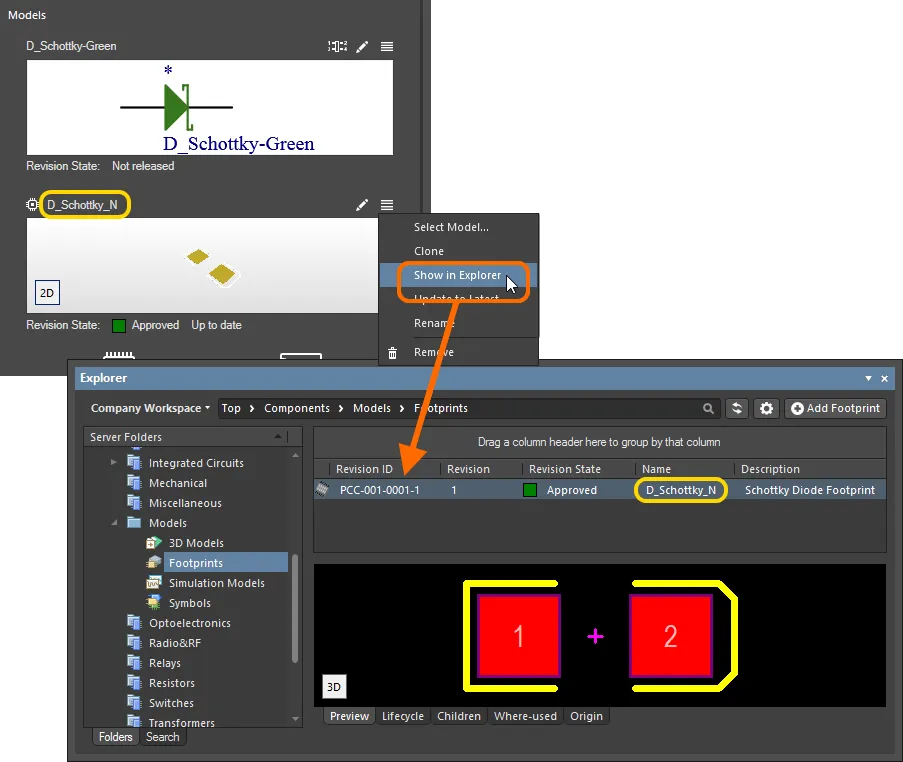 Example browsing to the revision of the model in the Explorer panel. Example browsing to the revision of the model in the Explorer panel.