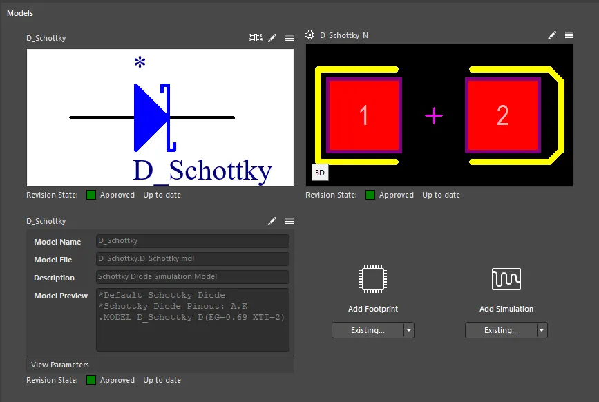 The Models region, providing the controls to define the models required to represent the component in the Schematic, PCB, and Simulation domains. The Models region, providing the controls to define the models required to represent the component in the Schematic, PCB, and Simulation domains.
