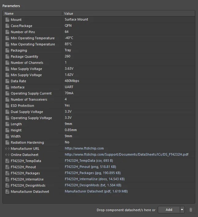 The Parameters region, providing the controls for adding parametric data to the component. The Parameters region, providing the controls for adding parametric data to the component.
