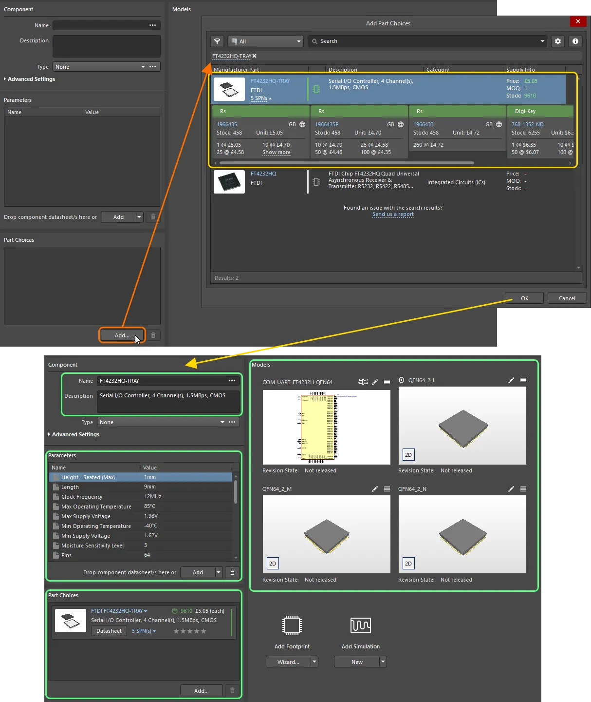 Search for a Part Choice, and bring all the data associated with that part into the Component Editor, effectively defining the component. Search for a Part Choice, and bring all the data associated with that part into the Component Editor, effectively defining the component.