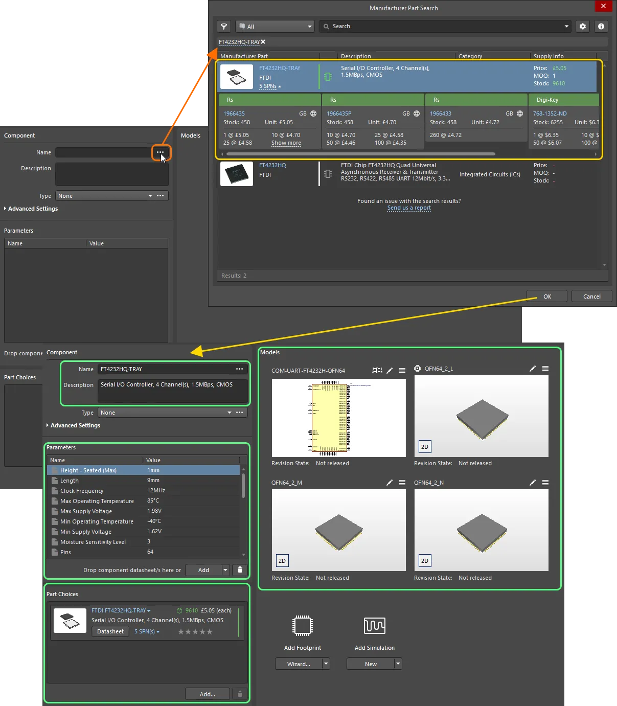 Use the Manufacturer Part Search dialog to find the required manufacturer part, select it, then click OK. The image shows all data for that part being brought into the Component Editor. Use the Manufacturer Part Search dialog to find the required manufacturer part, select it, then click OK. The image shows all data for that part being brought into the Component Editor.