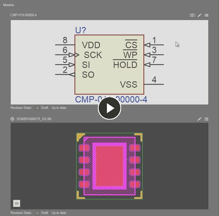Cross-probe highlighting between symbol pins and 2D footprint model pads for a component being edited. Cross-probe highlighting between symbol pins and 2D footprint model pads for a component being edited.