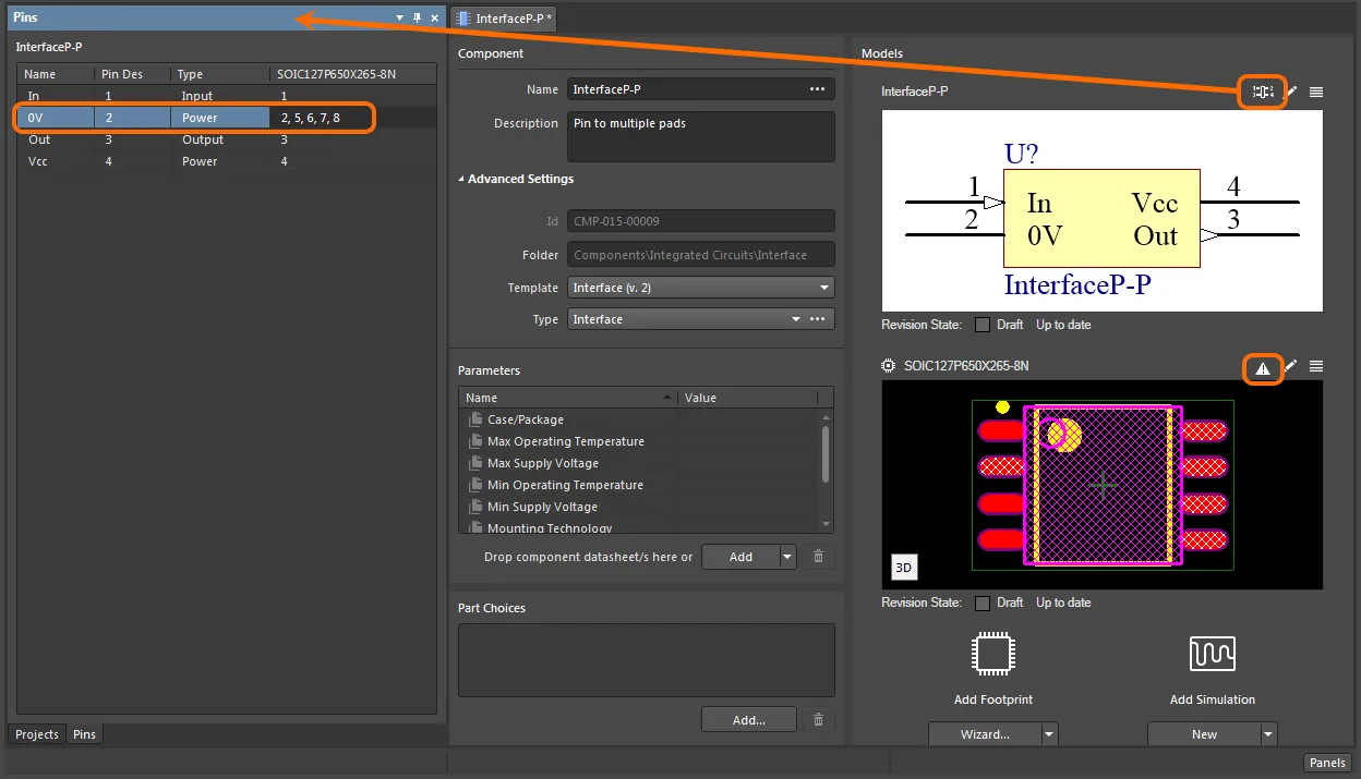 Example of mapping a single pin of a component's symbol to multiple pads of a referenced footprint model. Example of mapping a single pin of a component's symbol to multiple pads of a referenced footprint model.