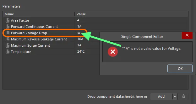 Data validation – the Component Editor has the smarts to alert you to a mismatch between the value entered for a unit-aware parameter, and its data type. Data validation – the Component Editor has the smarts to alert you to a mismatch between the value entered for a unit-aware parameter, and its data type.