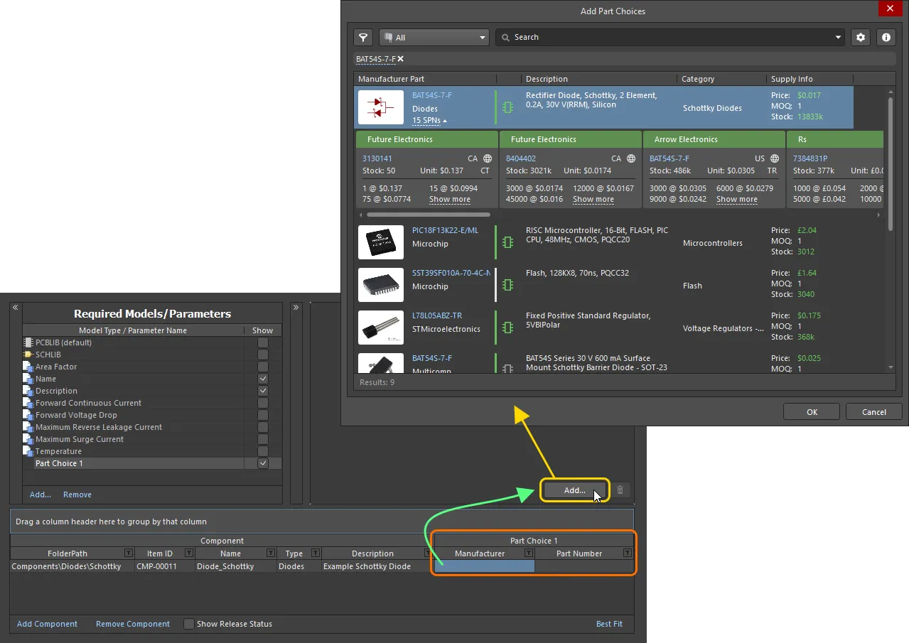 Making a part choice – use the Add Part Choices dialog to search for the required manufacturer part, select its entry and click OK. Making a part choice – use the Add Part Choices dialog to search for the required manufacturer part, select its entry and click OK.