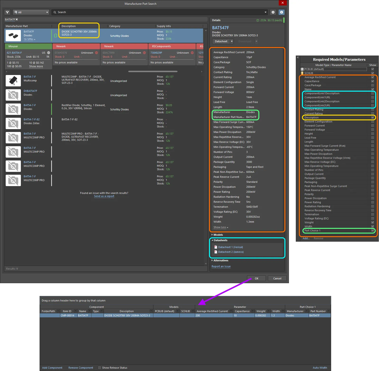 Example of the resulting definition, and added parameters, for a selected part in the Manufacturer Part Search dialog. Highlighting is used to show the data that is brought in from the Manufacturer Part. Example of the resulting definition, and added parameters, for a selected part in the Manufacturer Part Search dialog. Highlighting is used to show the data that is brought in from the Manufacturer Part.