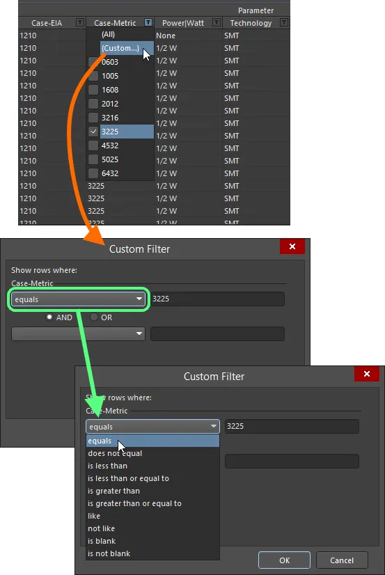 Choose to apply standard or customized column filtering. Choose to apply standard or customized column filtering.