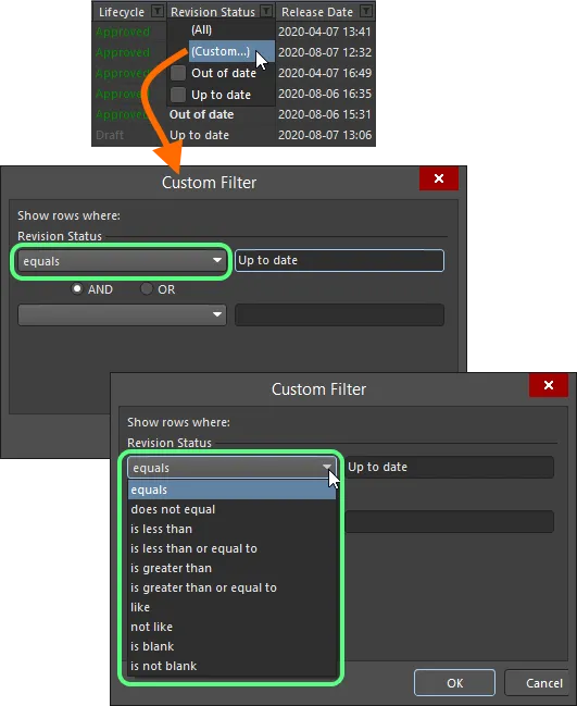 Choose to apply standard or customized column filtering. Choose to apply standard or customized column filtering.