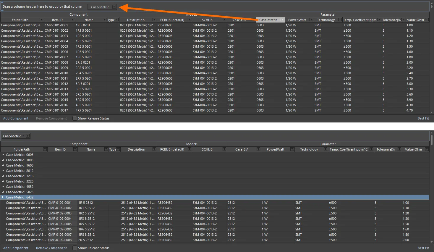 Grouping the component definitions based on the values in a column, in this case by the Case-Metric parameter. Grouping the component definitions based on the values in a column, in this case by the Case-Metric parameter.