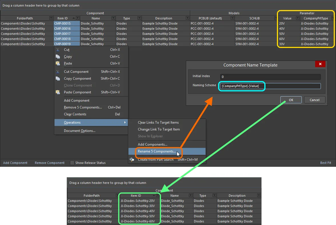 An example of the use of the CompanyPrtType and Value parameters in a naming template, to quickly rename selected components being defined in the Component Editor. An example of the use of the CompanyPrtType and Value parameters in a naming template, to quickly rename selected components being defined in the Component Editor.