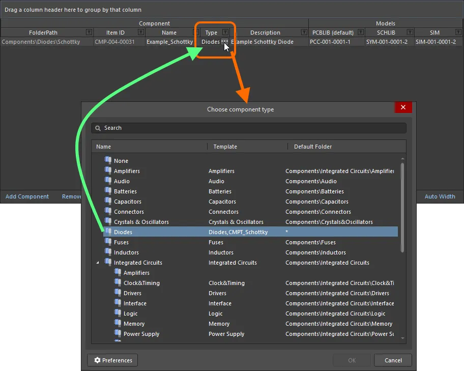 Example of setting the Type attribute for a component definition to Diode. Example of setting the Type attribute for a component definition to Diode.