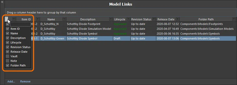 Hide or show model link data columns as required. Hide or show model link data columns as required.
