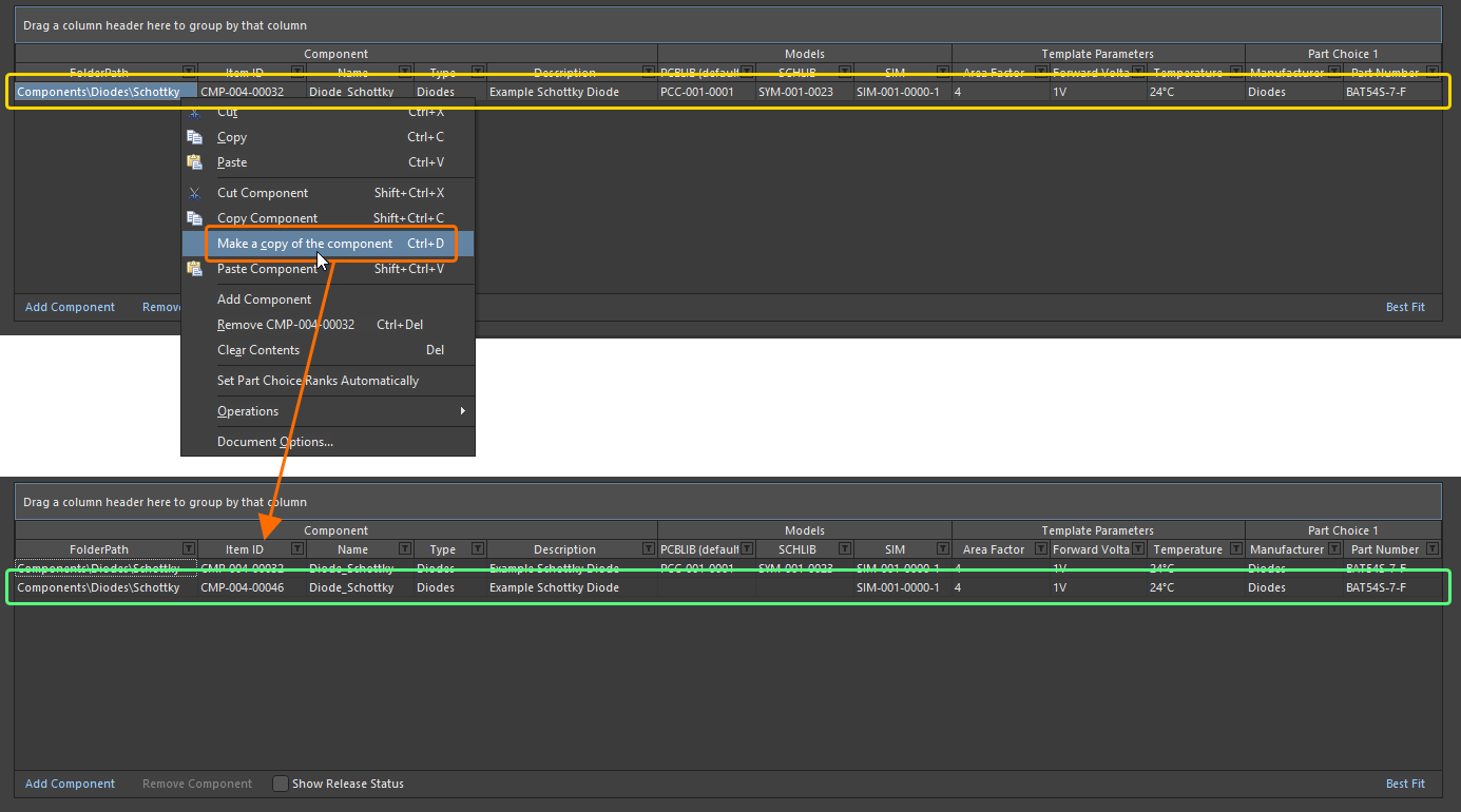 An example of copying a component definition – once copied, make any changes as necessary, for example to the values of one or more parameters, defining part choices, and adding any datasheets as necessary. An example of copying a component definition – once copied, make any changes as necessary, for example to the values of one or more parameters, defining part choices, and adding any datasheets as necessary.