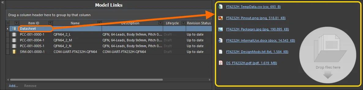 The Datasheet 'bucket', and the available listing of uploaded datasheets. In reality, each datasheet is uploaded into a unique underlying Datasheet Item. The Datasheet 'bucket', and the available listing of uploaded datasheets. In reality, each datasheet is uploaded into a unique underlying Datasheet Item.