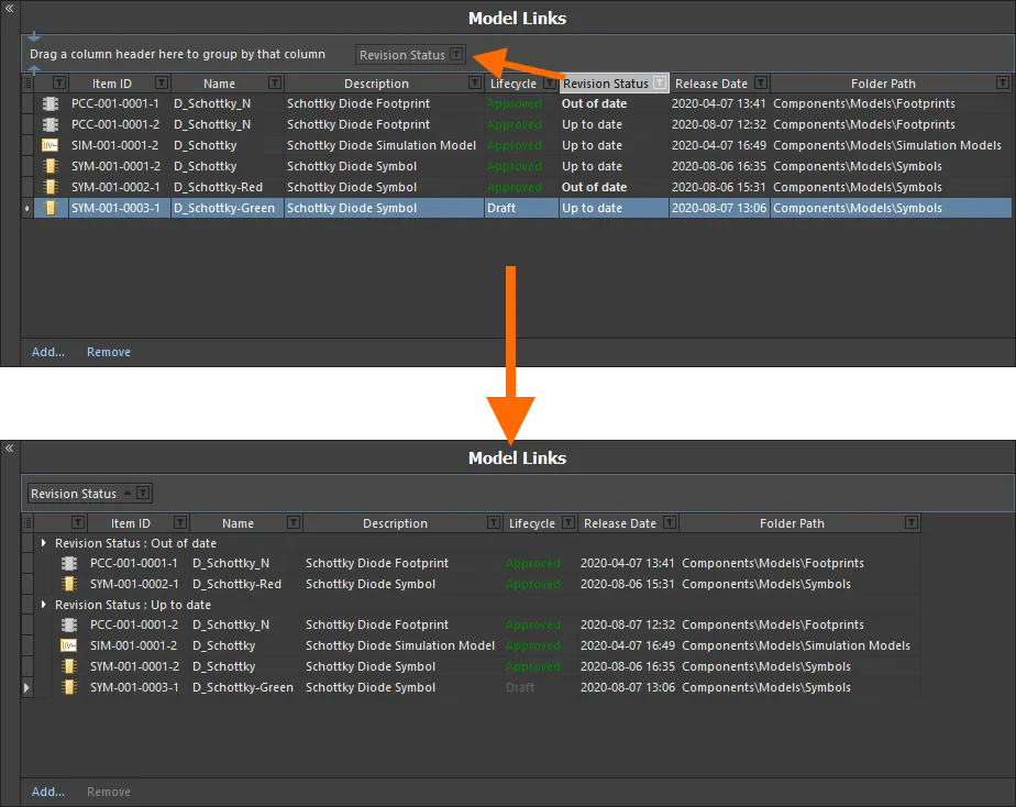 Grouping the model links based on the values in a column, in this case by Revision Status. Grouping the model links based on the values in a column, in this case by Revision Status.