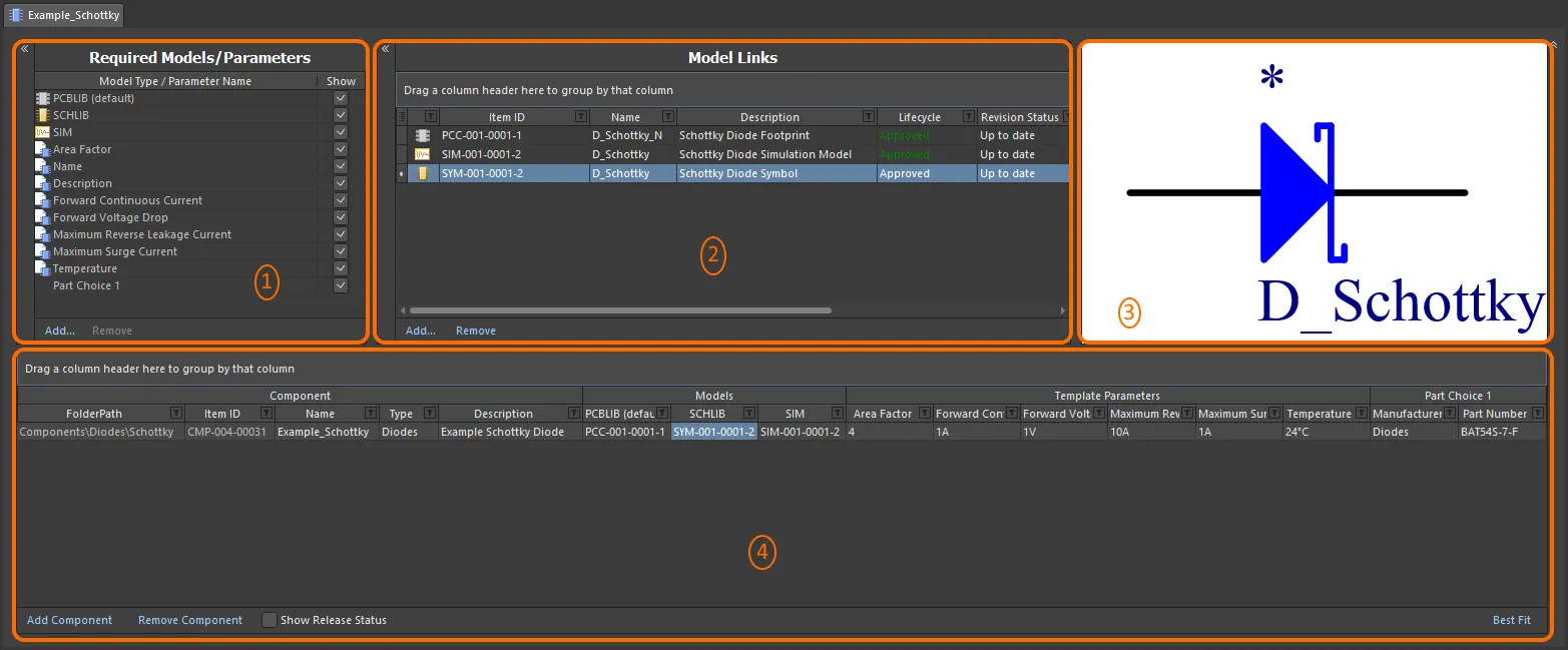 The Component Editor, when switched to operate in its Batch Component Editing mode, can be divided into four key regions. The Component Editor, when switched to operate in its Batch Component Editing mode, can be divided into four key regions.