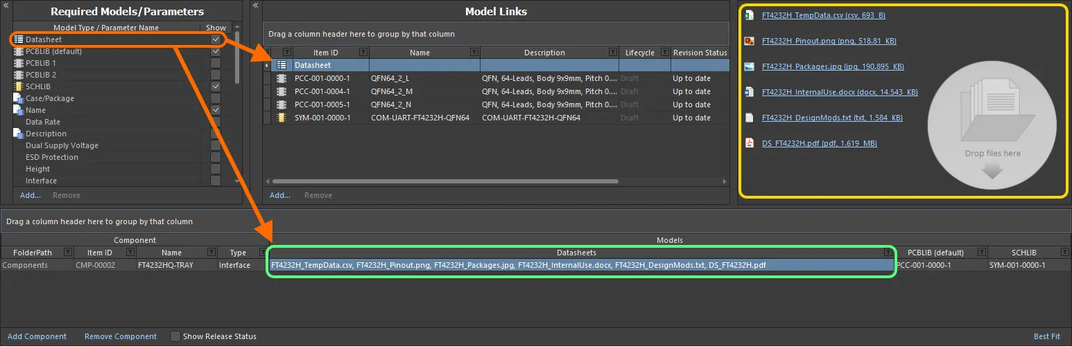 Linking various datasheets, as seen from the perspective of editing a component in the Component Editor. Linking various datasheets, as seen from the perspective of editing a component in the Component Editor.