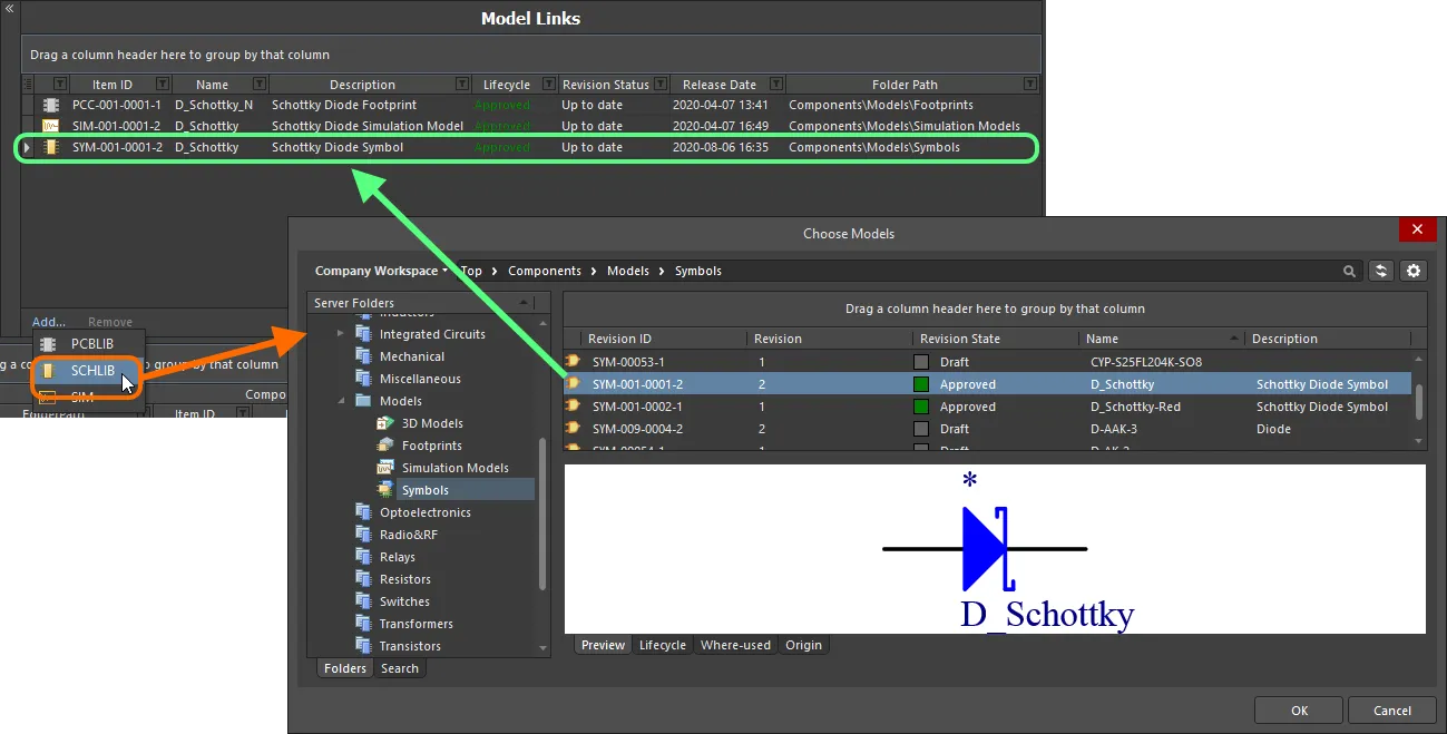 Dialog-based addition of model links. Dialog-based addition of model links.