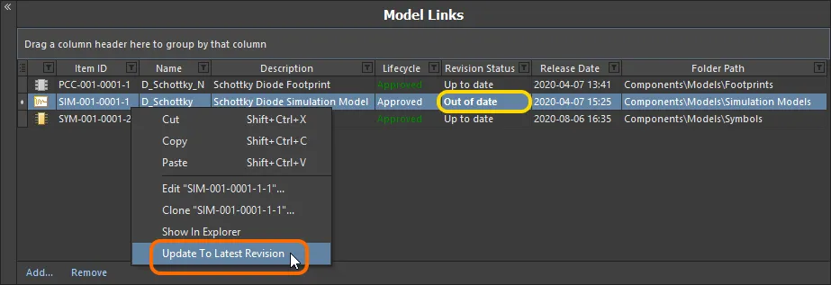 The Component Editor details any model that is not at the latest revision, right-click to update to the latest revision. The Component Editor details any model that is not at the latest revision, right-click to update to the latest revision.