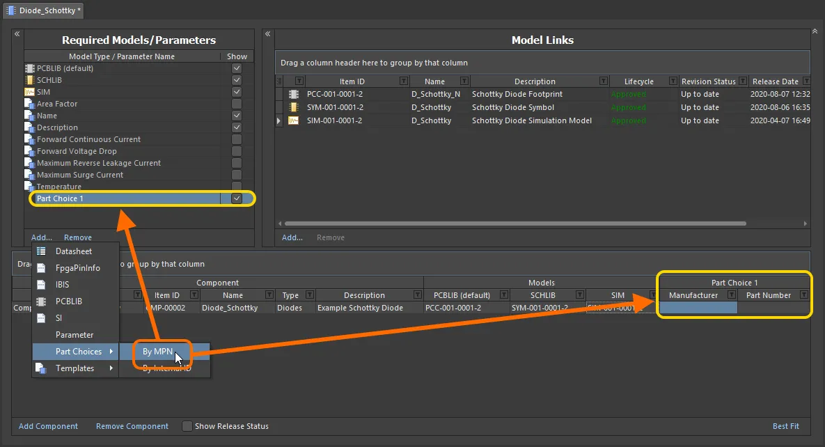 Adding a part choice (By MPN) for use with the component(s) being defined. Hover to see an example part choice added By Internal ID – allowing you to hook up a part from your company's internal parts database. Adding a part choice (By MPN) for use with the component(s) being defined. Hover to see an example part choice added By Internal ID – allowing you to hook up a part from your company's internal parts database.
