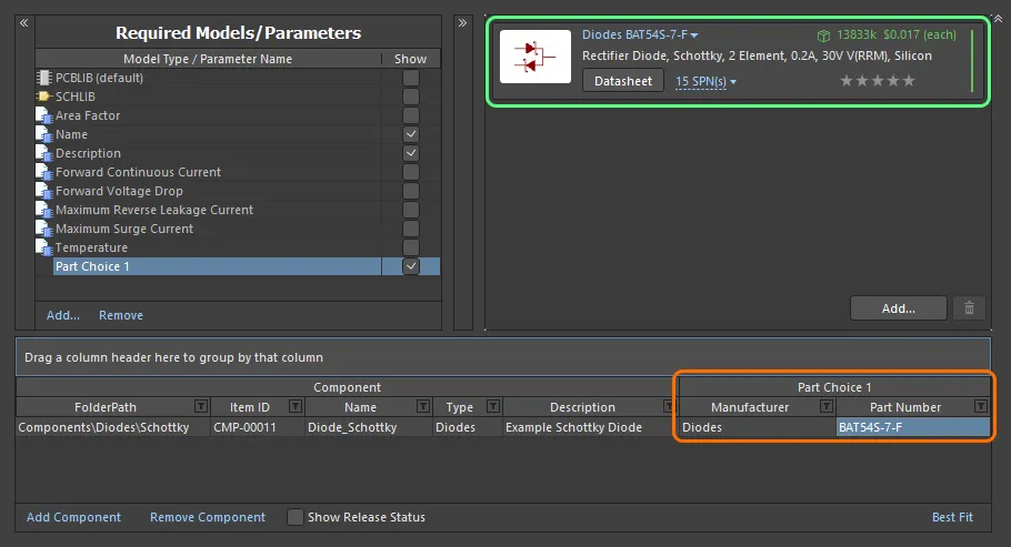 Example part choice – added through use of the Add Part Choices dialog – presented back in the Component Editor. Example part choice – added through use of the Add Part Choices dialog – presented back in the Component Editor.