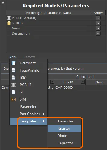 Access parameter templates from the menu associated to the region's Add control. Access parameter templates from the menu associated to the region's Add control.