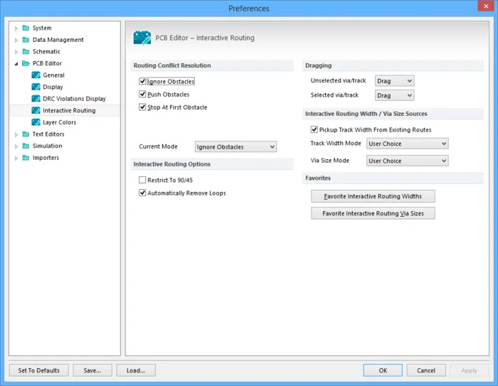 The PCB Editor - Interactive Routing page of the Preferences dialog