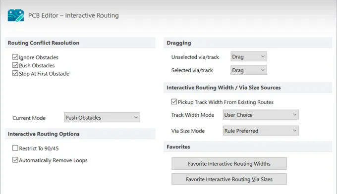 Configure the Interactive Routing options to suit your preferences. Press F1 over the dialog for more information about an option.