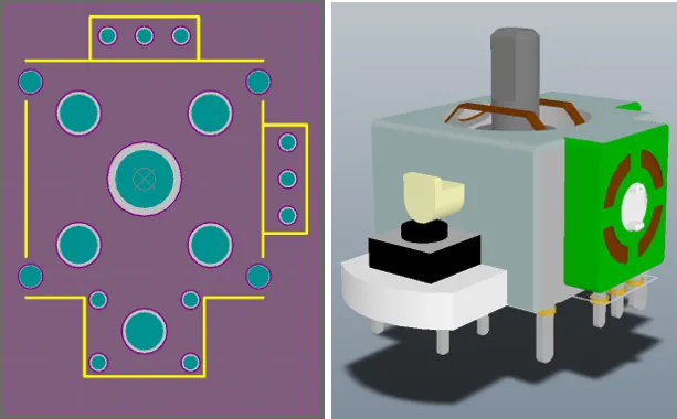 2D and 3D views of a footprint for a joystick component. The 3D image shows the imported STEP model for the component. Note that the pads and component overlay can be seen below the STEP model. 2D and 3D views of a footprint for a joystick component. The 3D image shows the imported STEP model for the component. Note that the pads and component overlay can be seen below the STEP model.