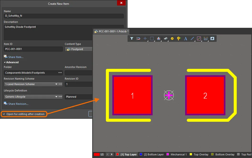 Example of editing the initial revision of a Workspace Footprint – the temporary PCB footprint editor provides the document with which to define your footprint. Example of editing the initial revision of a Workspace Footprint – the temporary PCB footprint editor provides the document with which to define your footprint.